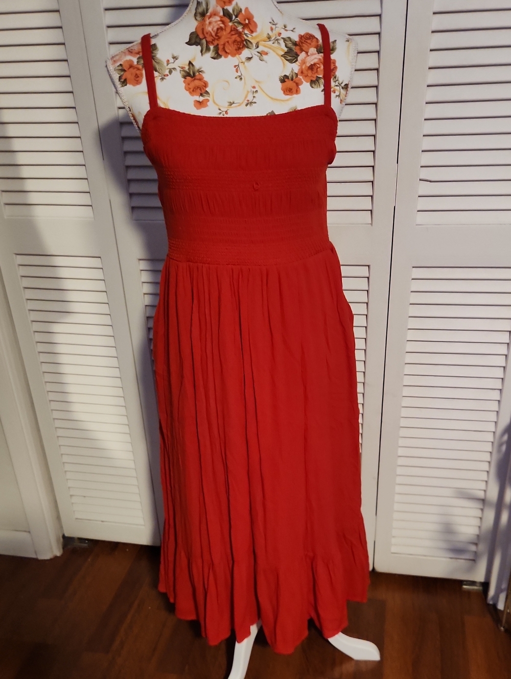 Red Smocked Maxi Dress with Spaghetti Straps